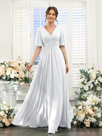 Women’s Formal Dress – Chiffon – V-Neck – A-Line Fit – Ruched Waist – Full Length