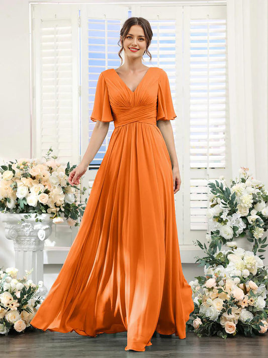 Women’s Formal Dress – Chiffon – V-Neck – A-Line Fit – Ruched Waist – Full Length