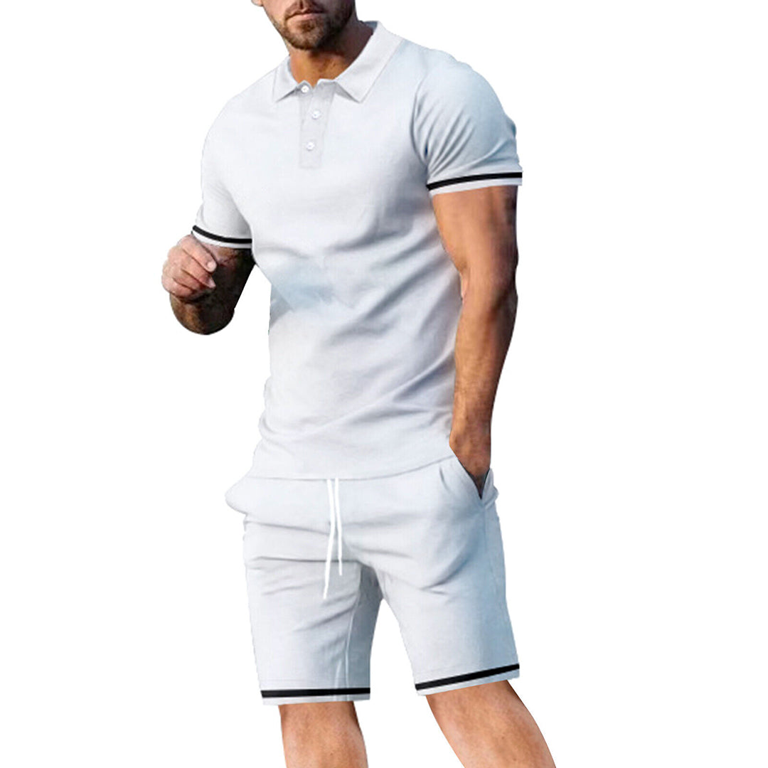 Men’s Polo Shirt and Shorts Set – Slim Fit – Breathable Blend – Sporty Stripe Detail