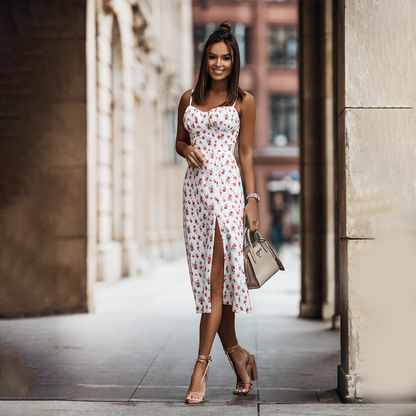 Women's Maxi Dress - Leopard Print - Spaghetti Straps - High Slit - Flowy Elegant Fit