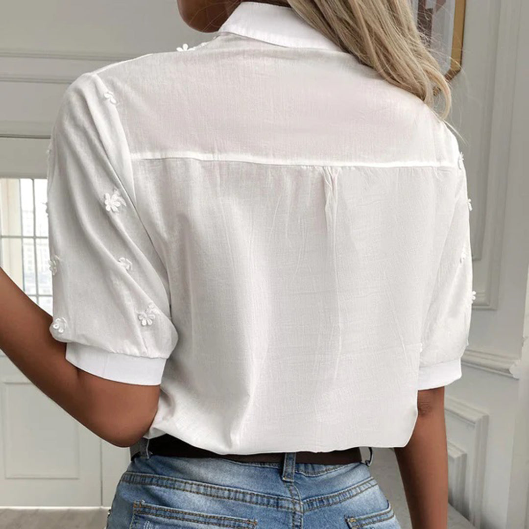 Women's Blouse - Embroidered Cotton - Mandarin Collar - Mid-Length Sleeves - Breathable Fit