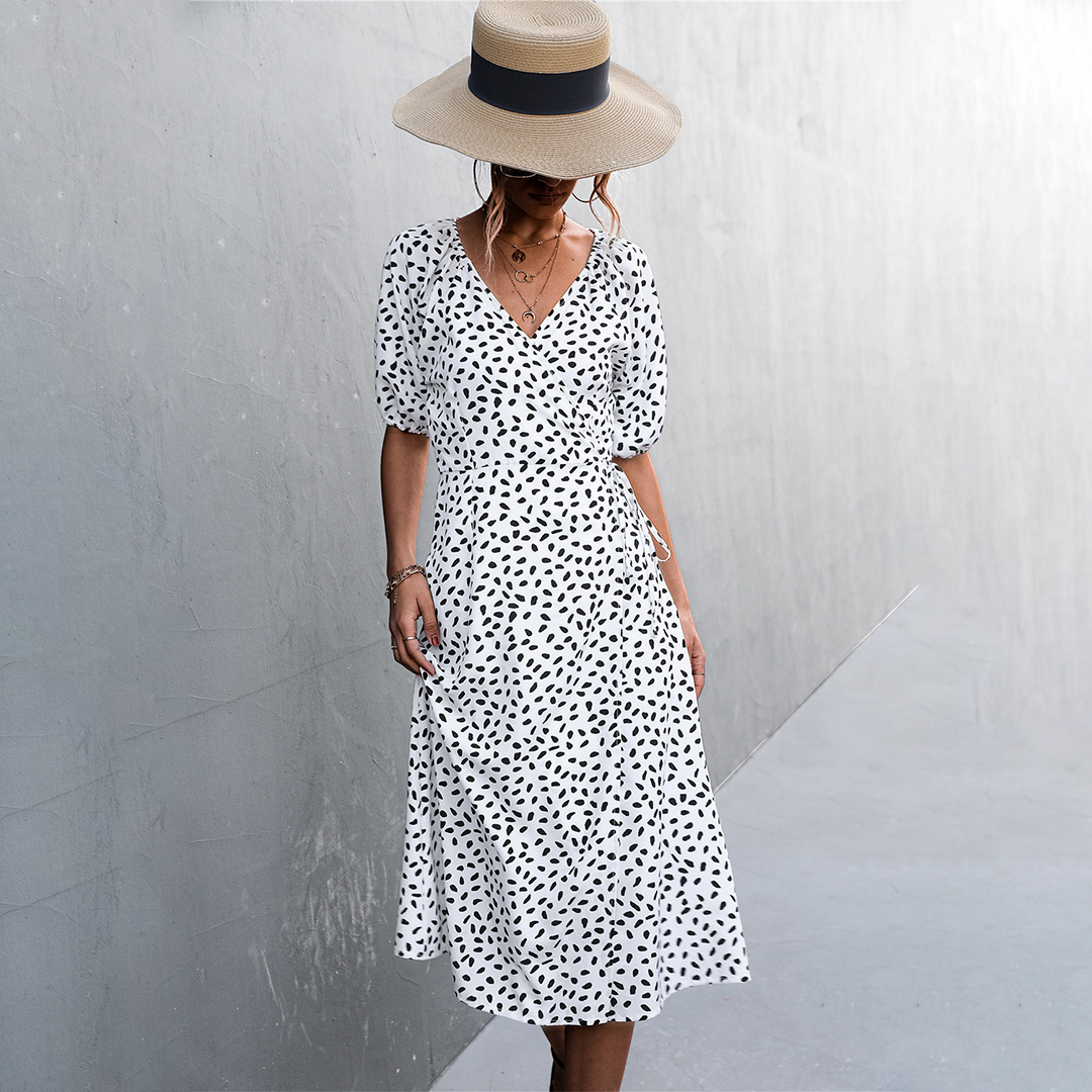 Women's Wrap Dress - Polka Dot Print - Midi Length - Puff Sleeve V-Neck Elegant Fit