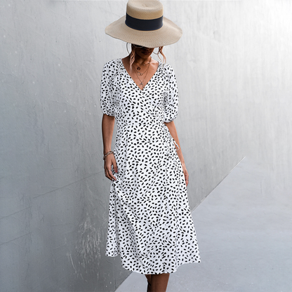 Women's Wrap Dress - Polka Dot Print - Midi Length - Puff Sleeve V-Neck Elegant Fit