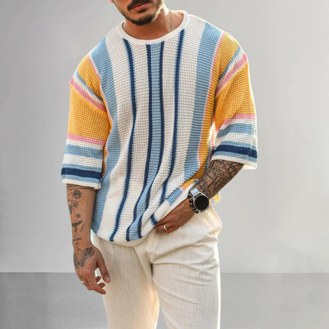 Men’s Knitted Sweater - Short Sleeve - Striped Pattern - Casual Comfortable Fit