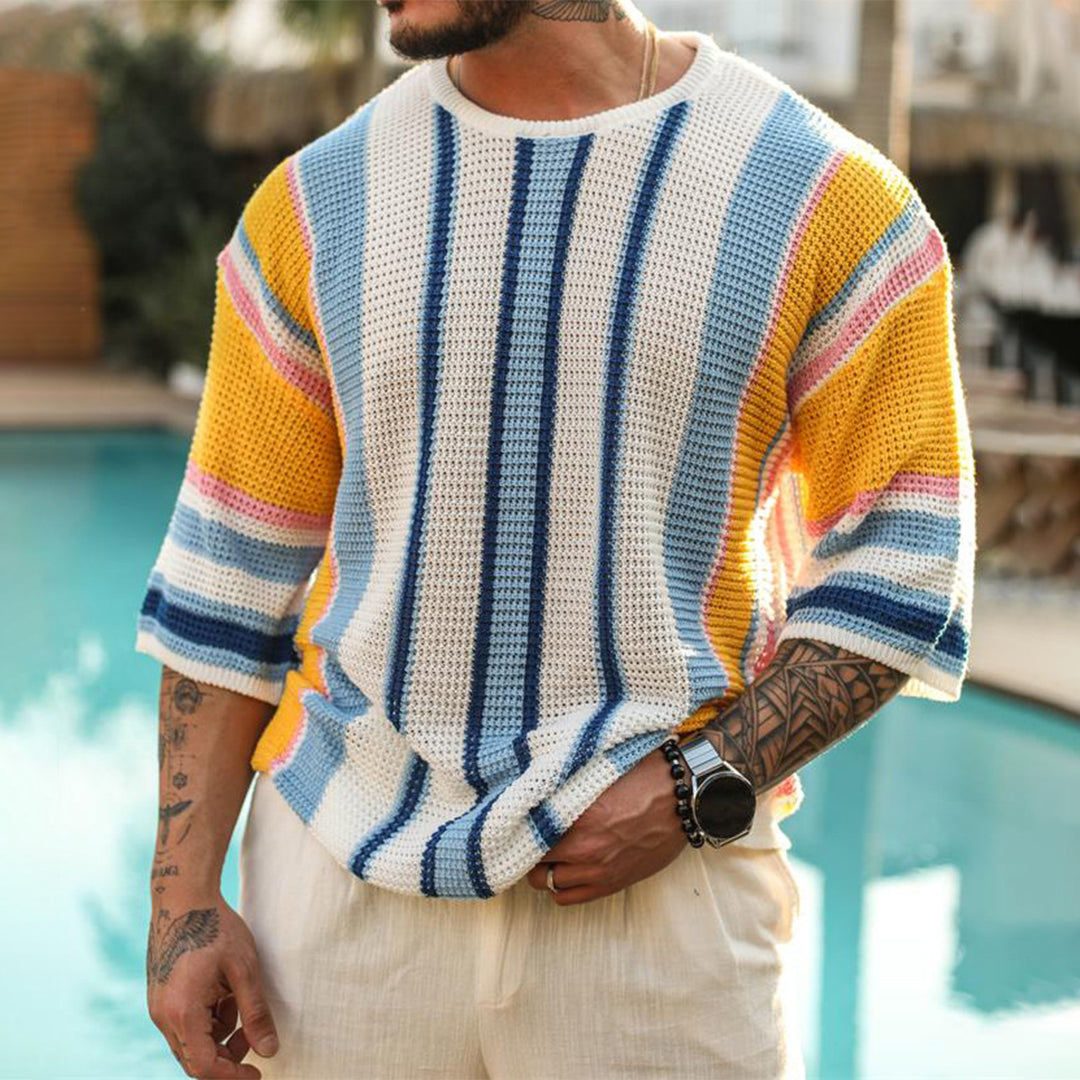 Men’s Knitted Sweater - Short Sleeve - Striped Pattern - Casual Comfortable Fit