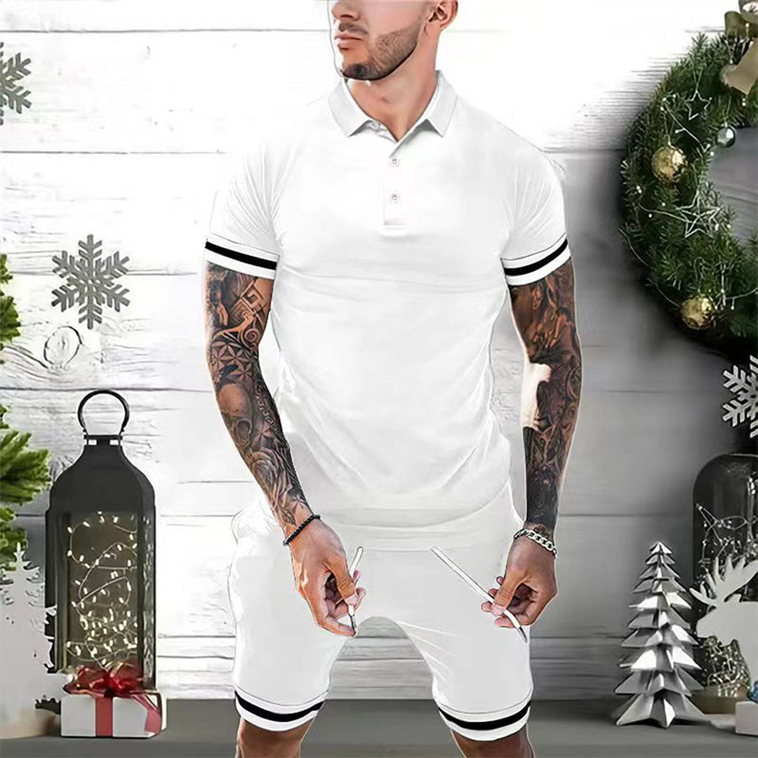 Men’s Polo Shirt and Shorts Set – Slim Fit – Breathable Blend – Sporty Stripe Detail