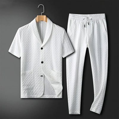 Men’s Lounge Set – Relaxed Fit – Breathable Blend – Shawl Collar Shirt with Drawstring Pants