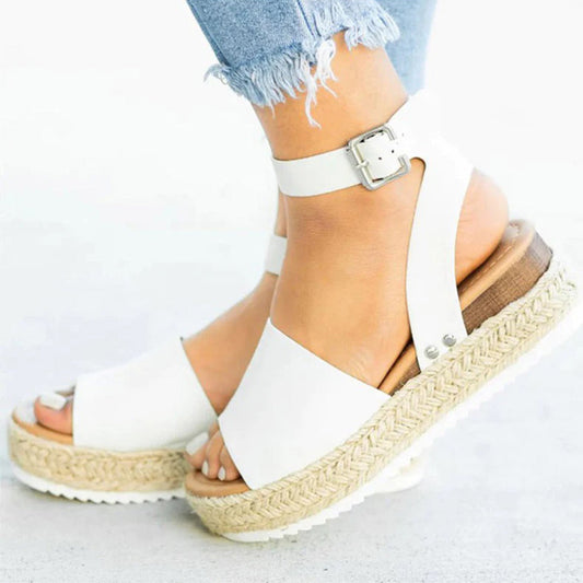 Women's Platform Sandals - Espadrille Sole - Adjustable Ankle Strap - Toe Band