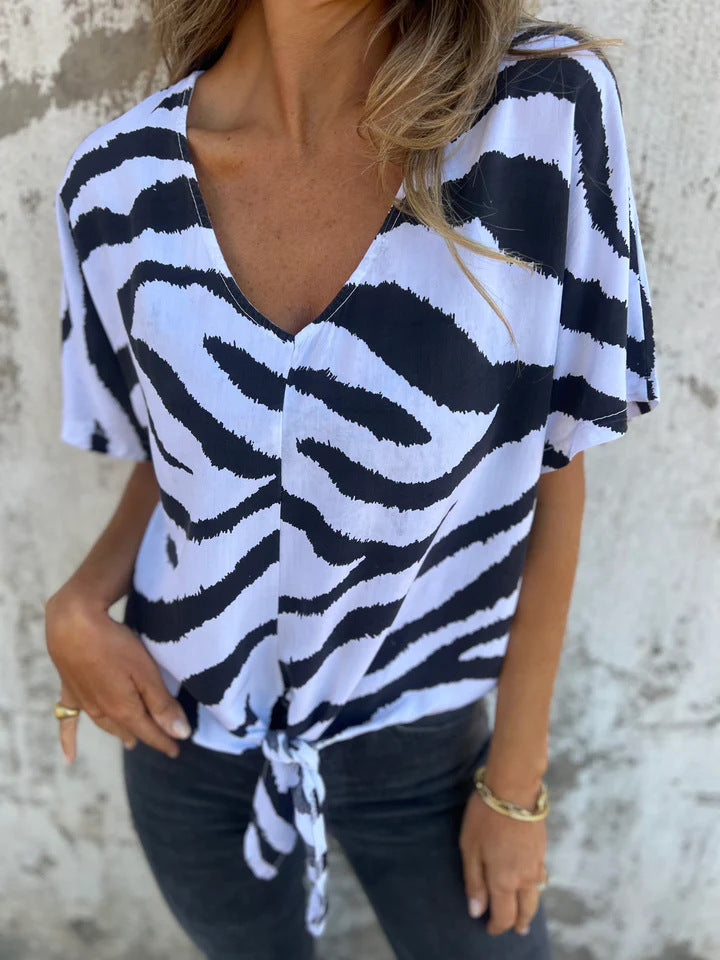 Women’s Blouse – Relaxed Fit – Tie-Front Waist – V-Neck – Short Sleeve – Breathable Blend