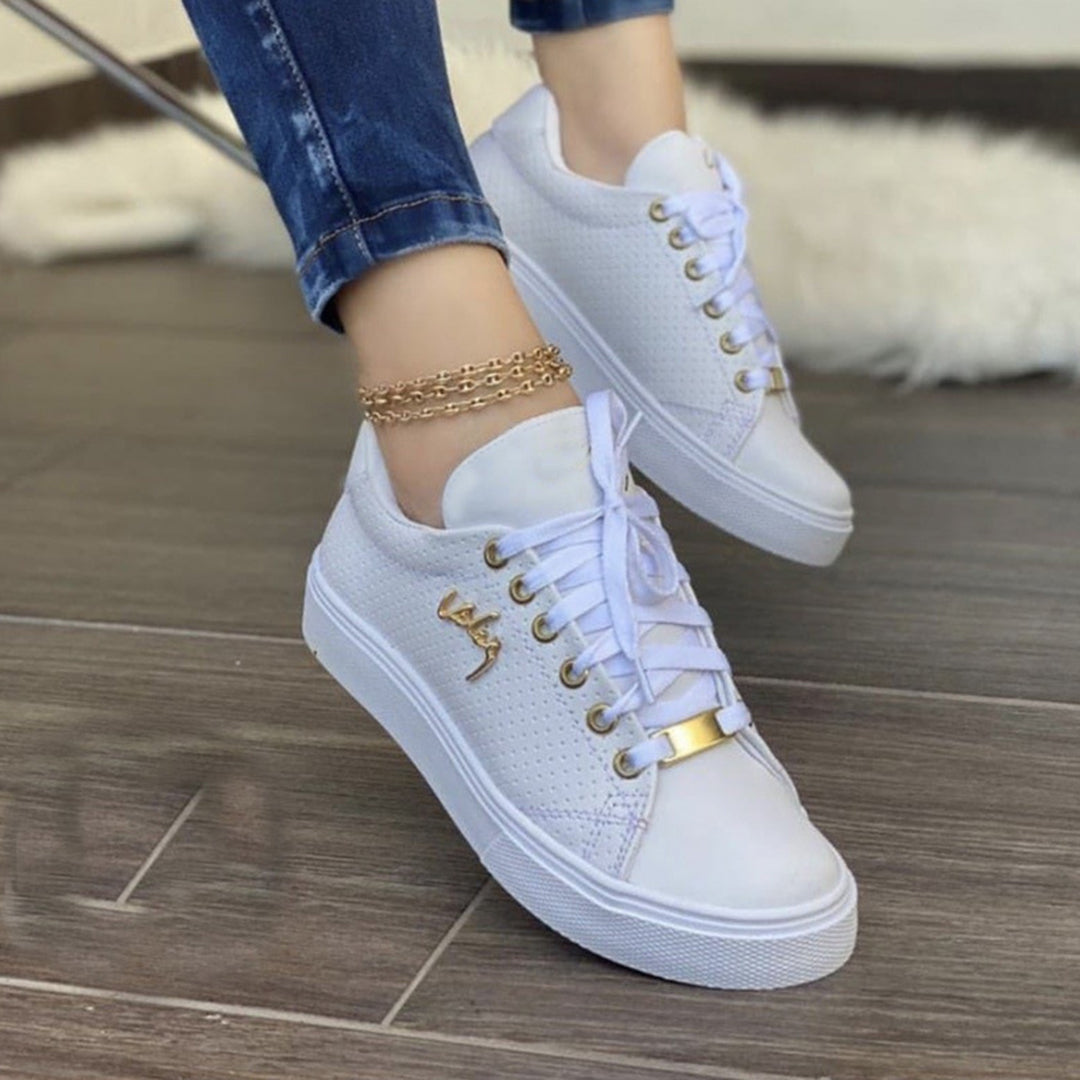 Women's Casual Sneakers - Breathable Leather - Lace-Up - Cushioned Sole - Everyday Wear