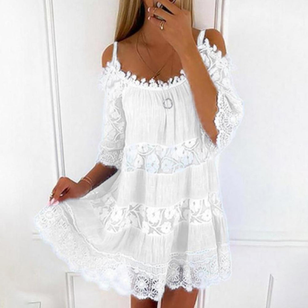 Women’s Off-Shoulder Mini Dress – Lace Detail – Flowy Fit – Breathable Blend – Tiered Layers