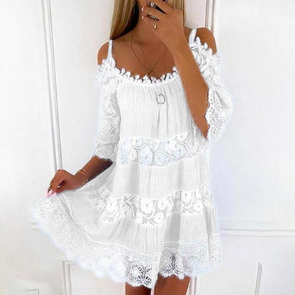 Women’s Off-Shoulder Mini Dress – Lace Detail – Flowy Fit – Breathable Blend – Tiered Layers