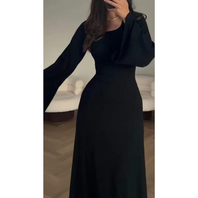 Women's Knit Maxi Dress – Ribbed Texture – Long Sleeve – Crew Neck – Flared Hem