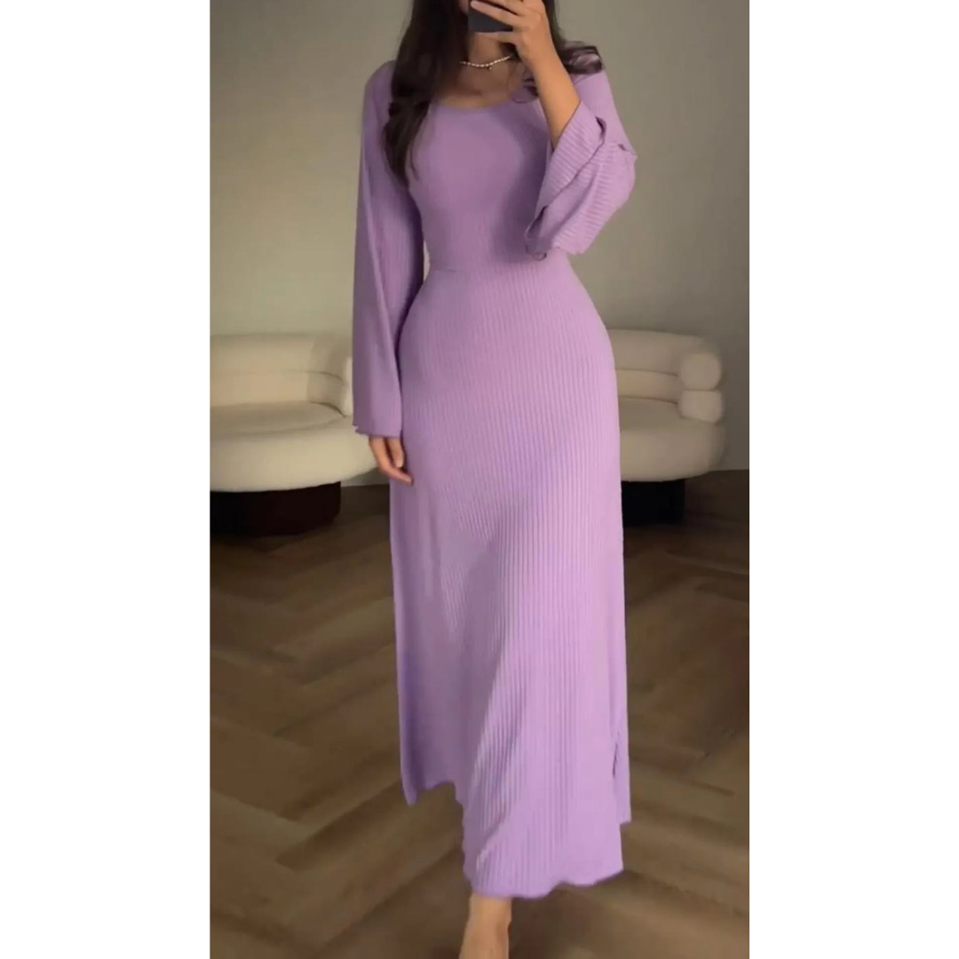 Women's Knit Maxi Dress – Ribbed Texture – Long Sleeve – Crew Neck – Flared Hem