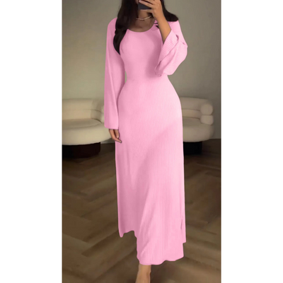 Women's Knit Maxi Dress – Ribbed Texture – Long Sleeve – Crew Neck – Flared Hem