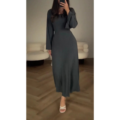 Women's Knit Maxi Dress – Ribbed Texture – Long Sleeve – Crew Neck – Flared Hem