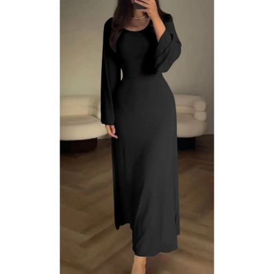 Women's Knit Maxi Dress – Ribbed Texture – Long Sleeve – Crew Neck – Flared Hem