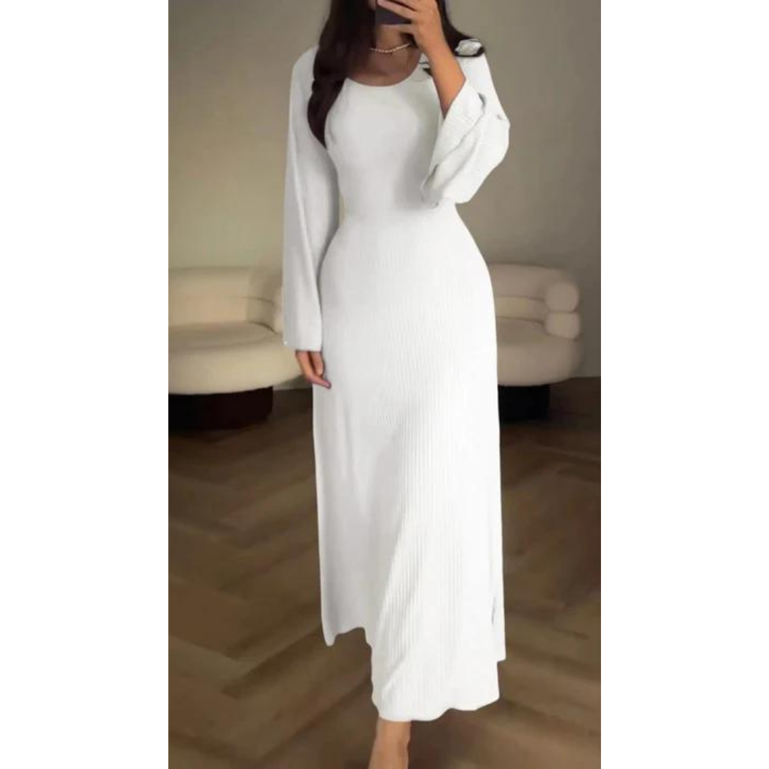 Women's Knit Maxi Dress – Ribbed Texture – Long Sleeve – Crew Neck – Flared Hem