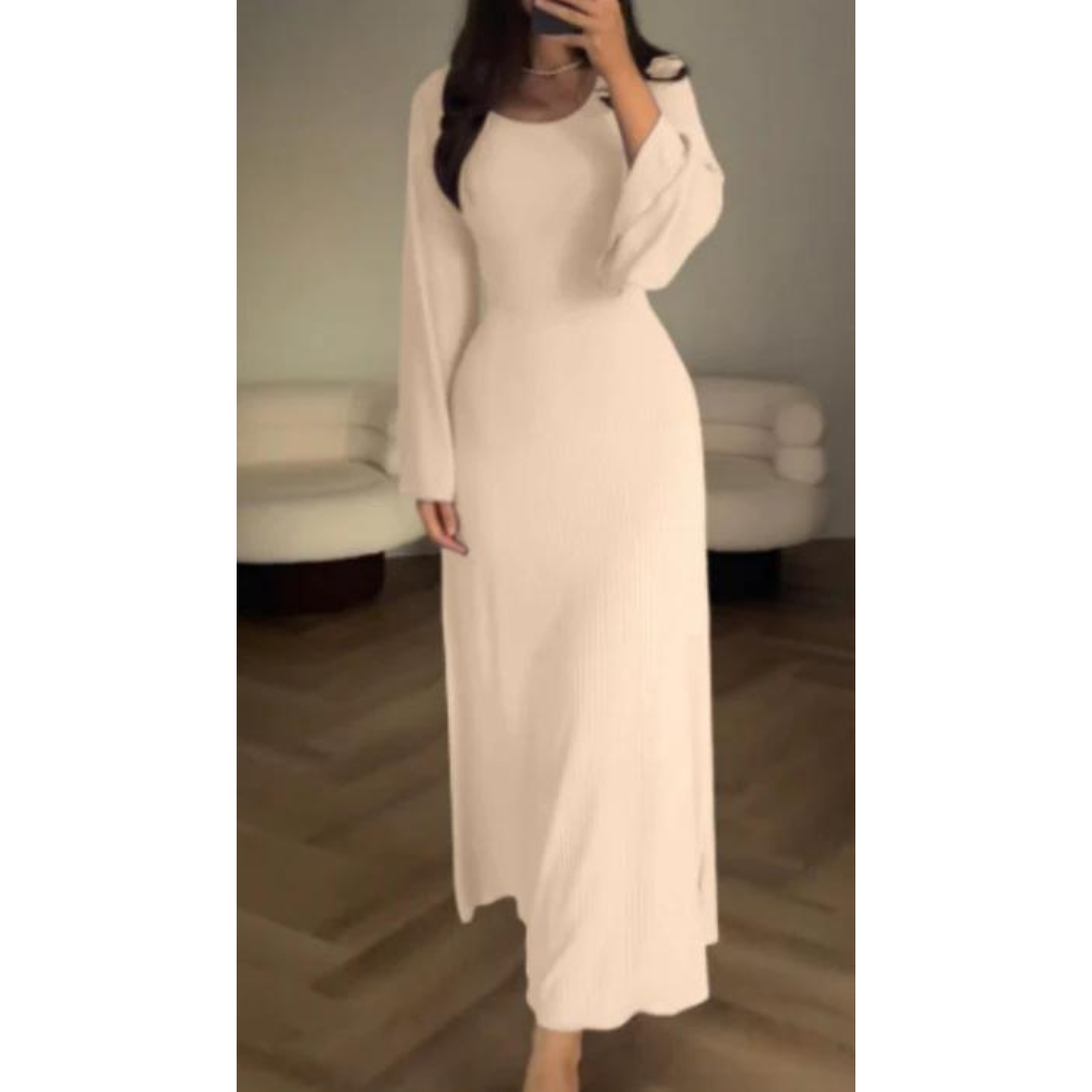 Women's Knit Maxi Dress – Ribbed Texture – Long Sleeve – Crew Neck – Flared Hem