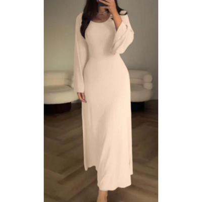 Women's Knit Maxi Dress – Ribbed Texture – Long Sleeve – Crew Neck – Flared Hem