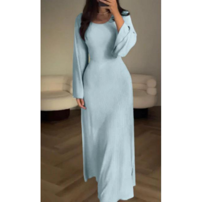 Women's Knit Maxi Dress – Ribbed Texture – Long Sleeve – Crew Neck – Flared Hem