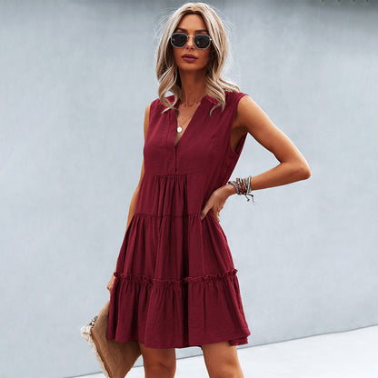 Women's Mini Dress - Sleeveless V-Neck - Tiered A-Line Flowy Casual Wear