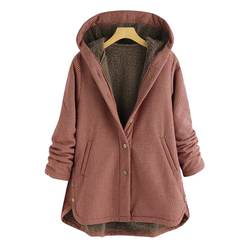Women's checked coat with buttons and hood