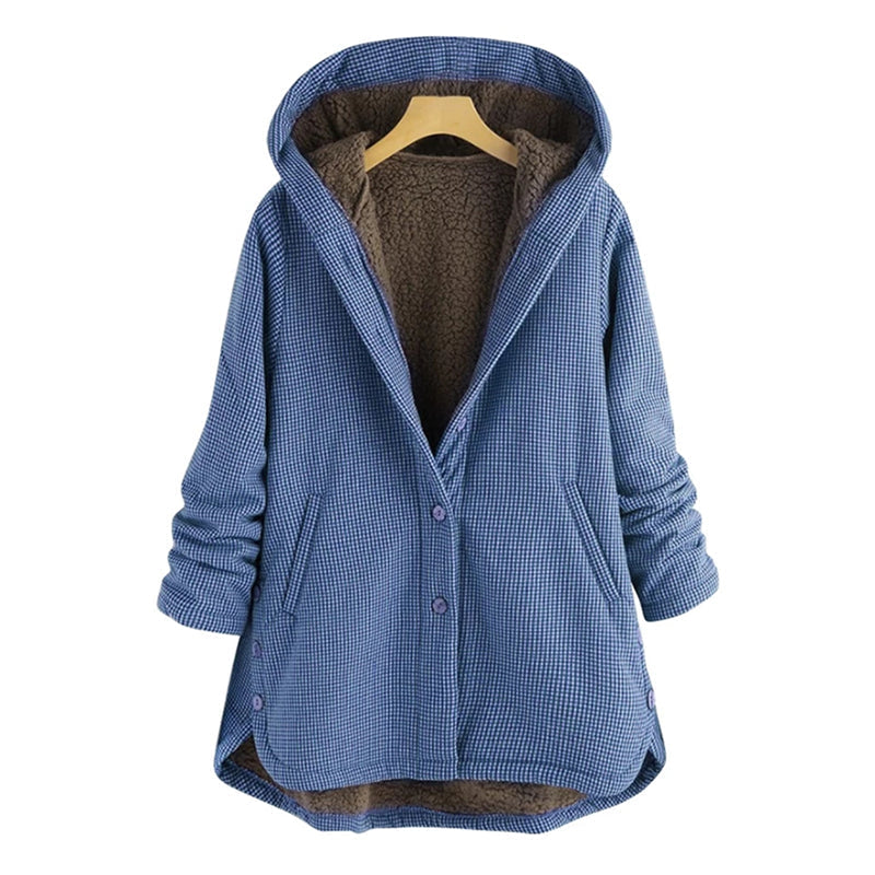 Women's checked coat with buttons and hood