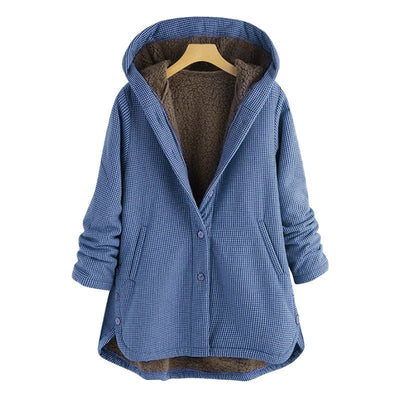 Women's checked coat with buttons and hood