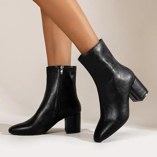 Women’s Ankle Boots – Sleek Fit – Pointed Toe – Block Heel – Side Zip Closure