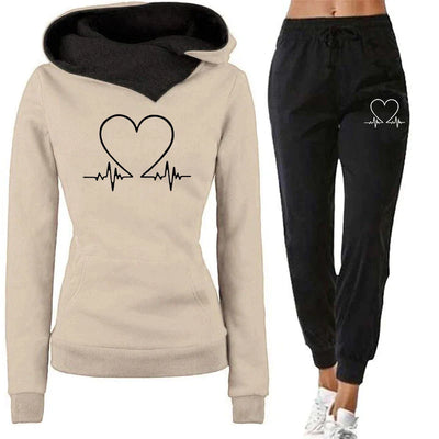 Women's Hoodie and Joggers Set - Heart Graphic - Relaxed Fit - Soft Cotton Blend