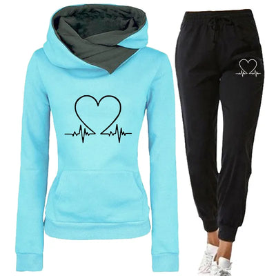 Women's Hoodie and Joggers Set - Heart Graphic - Relaxed Fit - Soft Cotton Blend