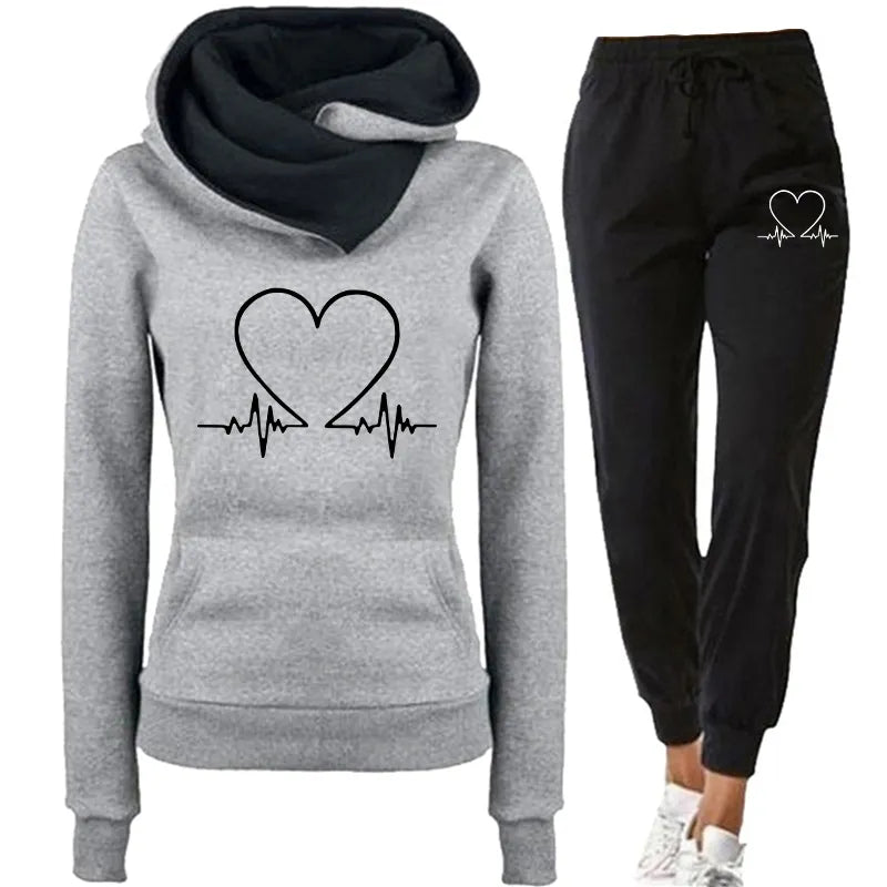 Women's Hoodie and Joggers Set - Heart Graphic - Relaxed Fit - Soft Cotton Blend