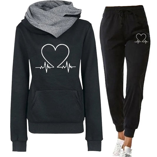 Women's Hoodie and Joggers Set - Heart Graphic - Relaxed Fit - Soft Cotton Blend