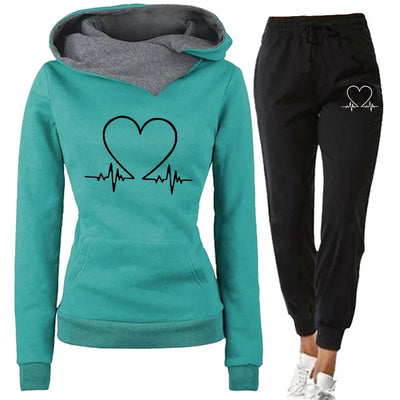 Women's Hoodie and Joggers Set - Heart Graphic - Relaxed Fit - Soft Cotton Blend