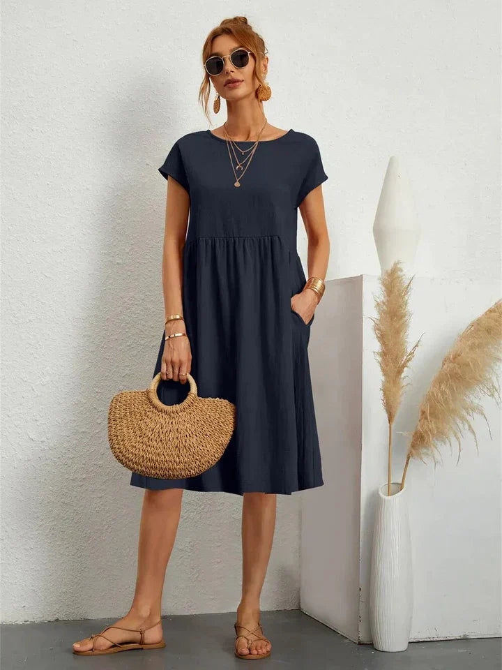 Women's A-Line Dress - Knee Length - Short Sleeve - Relaxed Fit - Round Neck