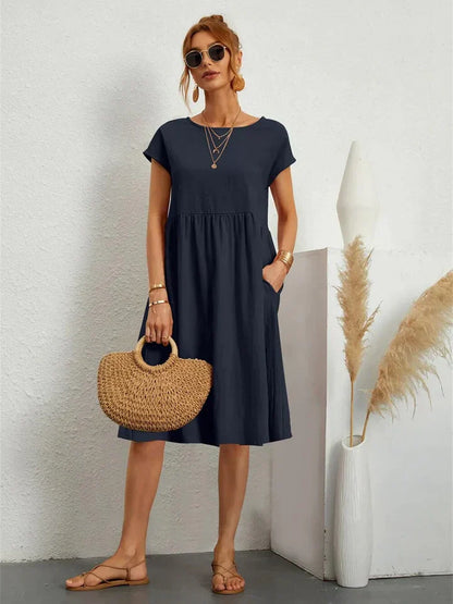 Women's A-Line Dress - Knee Length - Short Sleeve - Relaxed Fit - Round Neck