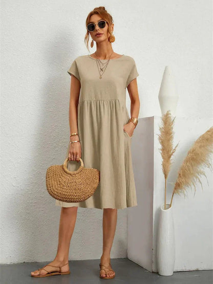 Women's A-Line Dress - Knee Length - Short Sleeve - Relaxed Fit - Round Neck