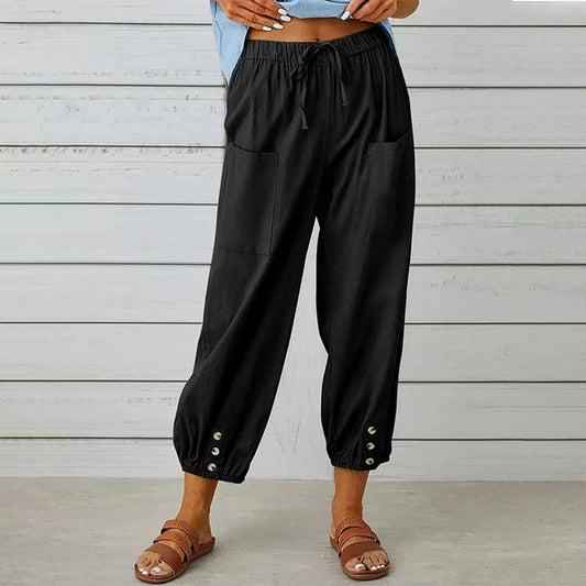 Women’s Casual Trousers – Loose Fit – Breathable Blend – Drawstring Waist – Ankle Length