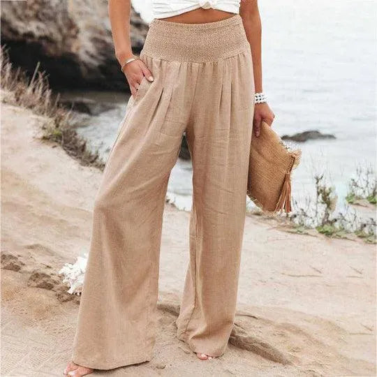 Women's Wide-Leg Trousers - High Waist - Elastic Waistband - Lightweight Breathable Fabric