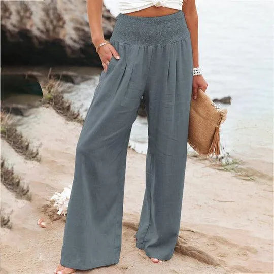 Women's Wide-Leg Trousers - High Waist - Elastic Waistband - Lightweight Breathable Fabric