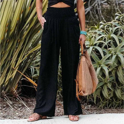 Women's Wide-Leg Trousers - High Waist - Elastic Waistband - Lightweight Breathable Fabric