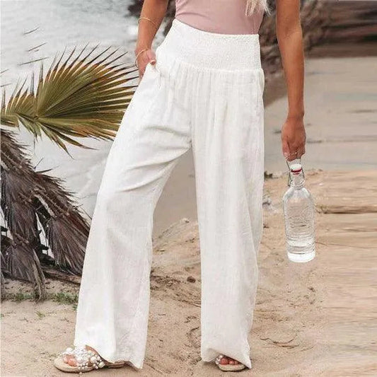 Women's Wide-Leg Trousers - High Waist - Elastic Waistband - Lightweight Breathable Fabric