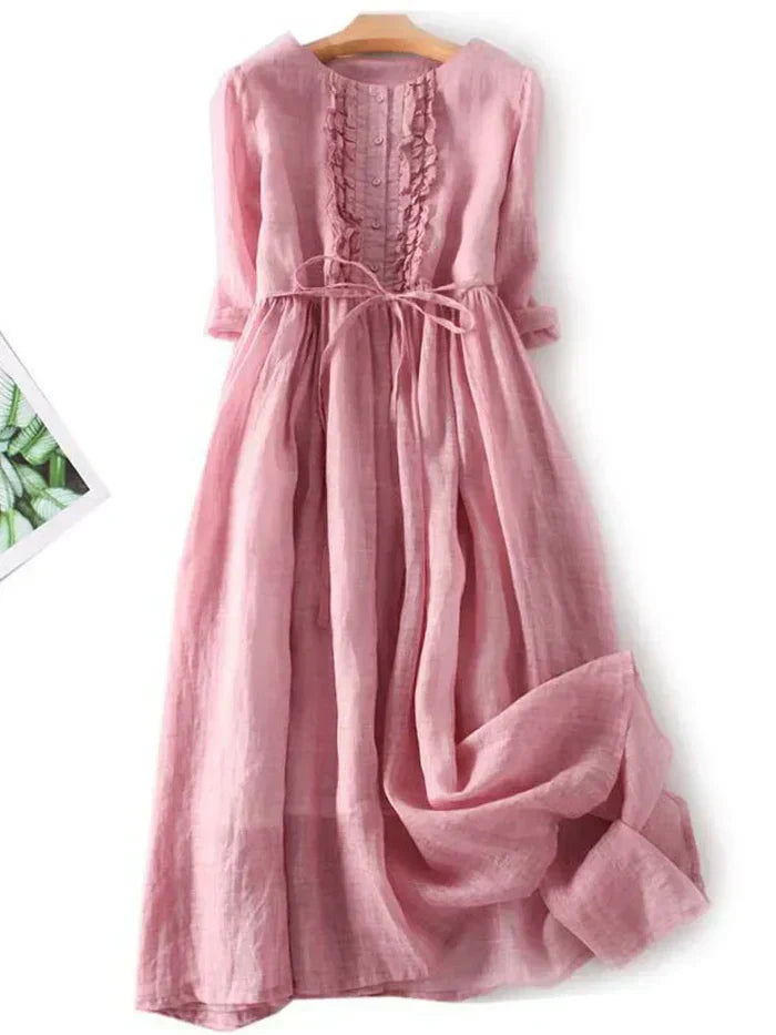 Women’s Midi Dress – Linen – Relaxed Fit – Ruffle Detail – Button Front – Belted Waist