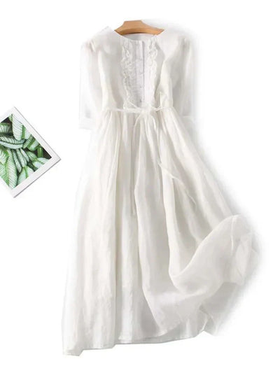 Women’s Midi Dress – Linen – Relaxed Fit – Ruffle Detail – Button Front – Belted Waist
