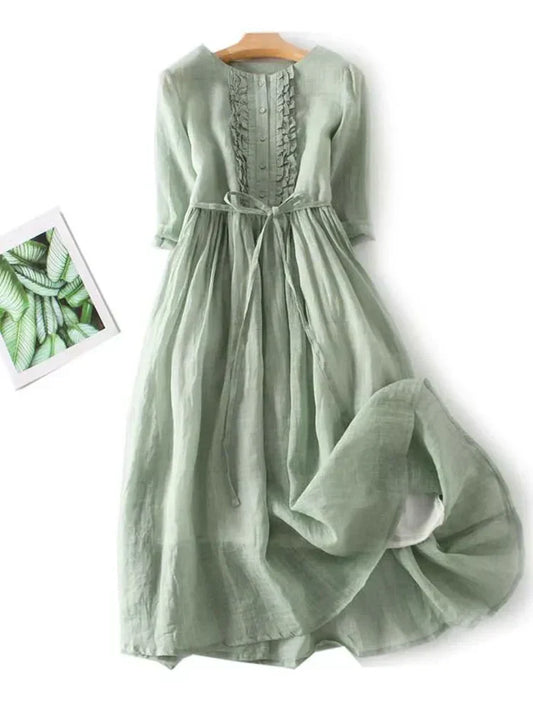 Women’s Midi Dress – Linen – Relaxed Fit – Ruffle Detail – Button Front – Belted Waist