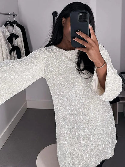 Women’s Mini Dress – Sequin Fabric – Oversized Fit – Long Sleeve – High Neck Partywear