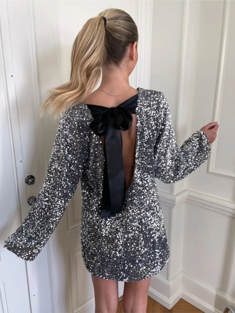 Women’s Mini Dress – Sequin Fabric – Oversized Fit – Long Sleeve – High Neck Partywear