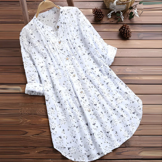 Women’s Blouse – Relaxed Fit – V-Neck – Button Front – Floral Print – Breathable Blend