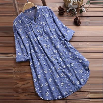 Women’s Blouse – Relaxed Fit – V-Neck – Button Front – Floral Print – Breathable Blend